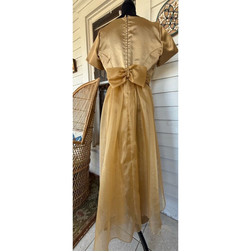 Vintage 60's Gold Satin Organza Formal Dress Rhinestones Bow Back M/L - Picture 16 of 16